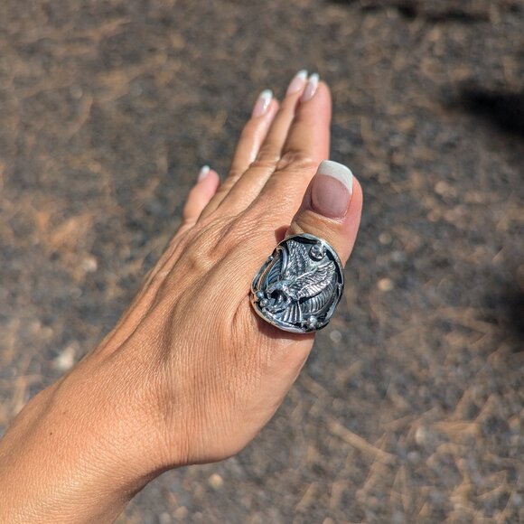 Native American Sterling Silver Overlay Ring Eagle 3-D Design Navajo Jewelry**‎ - Picture 1 of 9